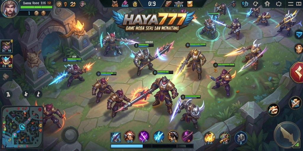 Tampilan gameplay seru di HAYA777 dengan aksi MOBA yang mendebarkan.