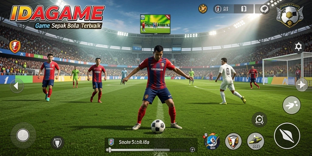 Tampilan gameplay IDAGAME menunjukkan momen seru di lapangan sepak bola.