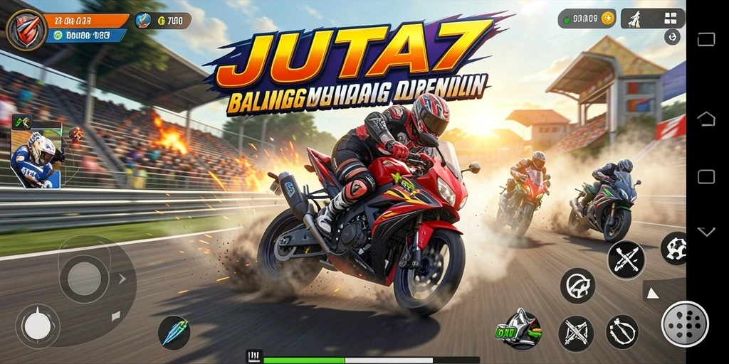 Gameplay JUTA7 yang mendebarkan dengan balapan motor cepat.