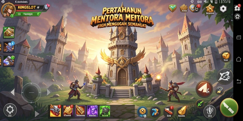 Tampilan gameplay KINGSLOT yang mendebarkan di area menara pertahanan.
