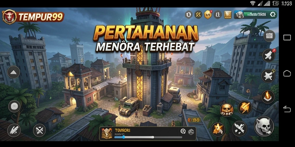Tampilan gameplay menegangkan dari TEMPUR99 yang menyajikan strategi Tower Defense.